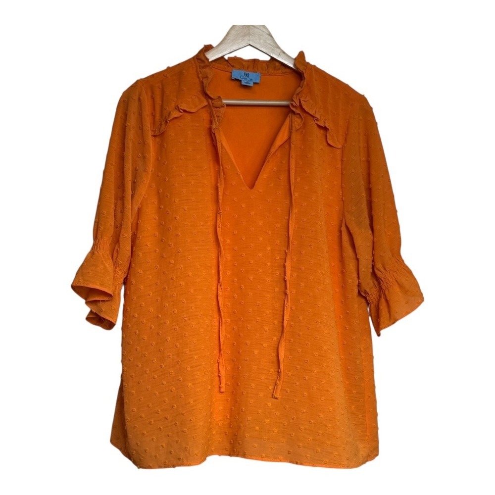 CeCe Womens Ruffle Neck Tie 3/4 Sleeve Clip Dot‎ Blouse Orange Size L